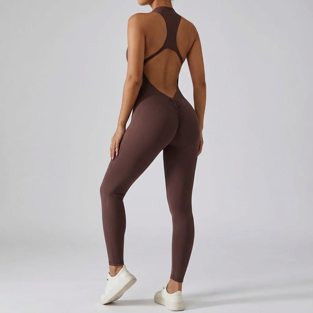 Women's activewear backless jumpsuit, scrunch butt detail, ideal for fitness & training