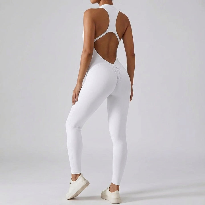 Lillian women's backless training jumpsuit, scrunch butt, stretch fabric, active wear