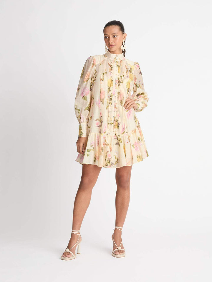 Playful beige floral mini shirt dress for women, featuring a chic collar and elegant lace detailing.