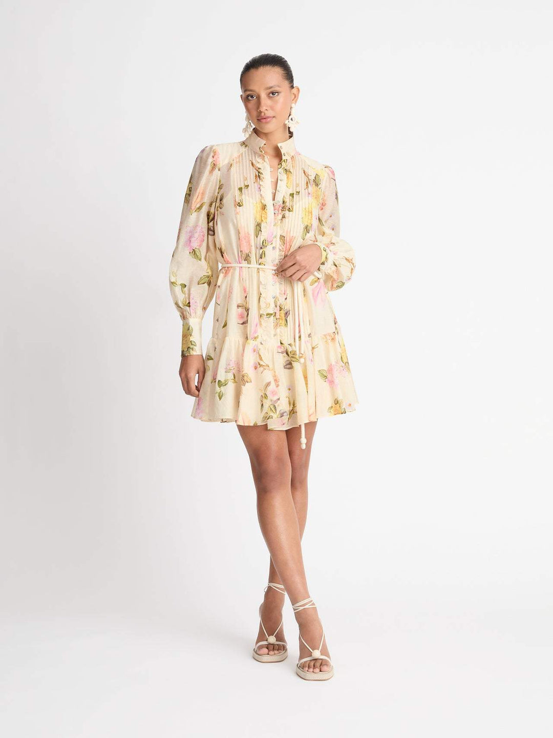 Lightweight women's floral mini shirt dress with lace trim, ideal casual summer wear. Beige, flowy.