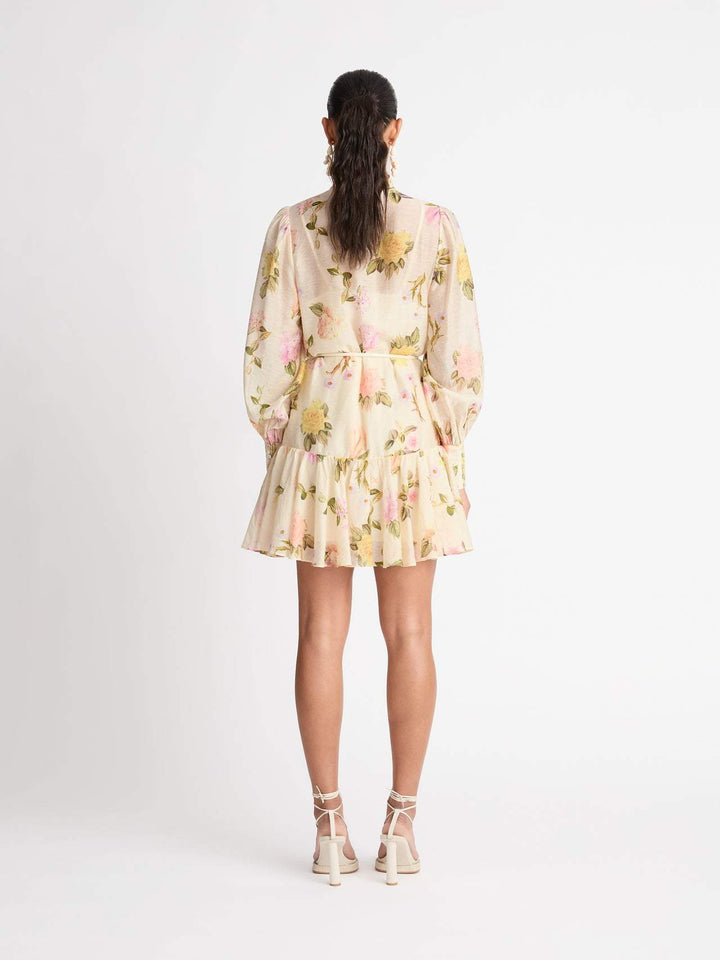 Sylvie women's floral mini shirt dress in beige with intricate lace trim. A stylish and comfortable summer dress.