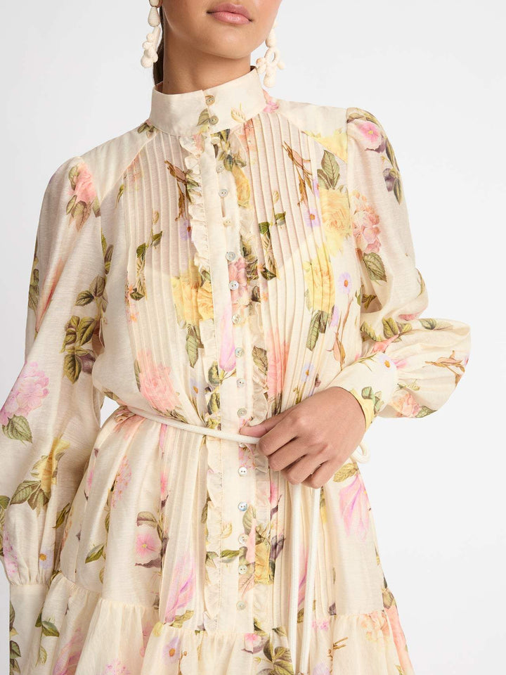 Beige floral print women's mini dress, designed as a shirt dress with elegant lace trim. Casual and chic.