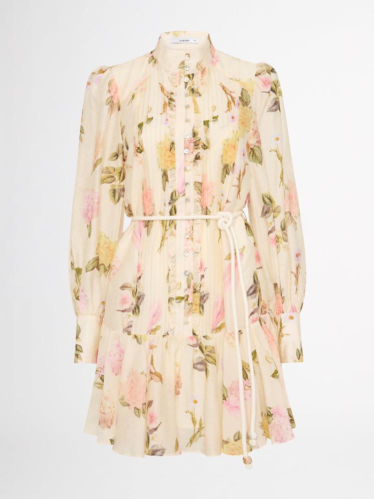 Chic women's beige floral mini shirt dress with pretty lace trim, versatile for playful summer outings.