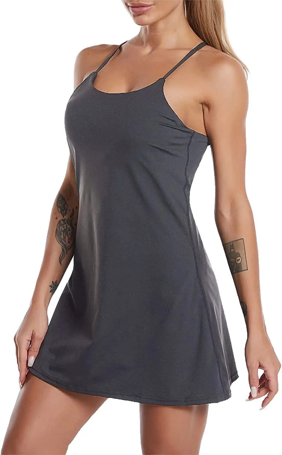 Rear view of women's active sports dress in grey, highlighting the comfortable fit and subtle pockets.
