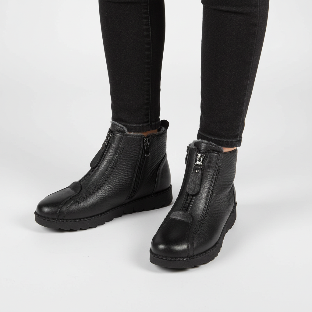 Durable women's zip-up ankle boots, fleece-lined, offering warmth and style for winter outfits
