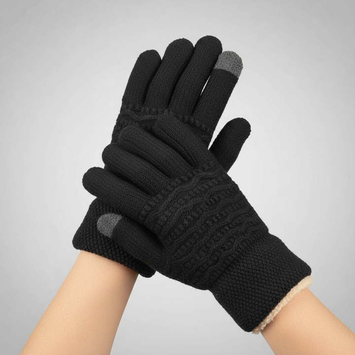Model wearing women's touchscreen gloves, demonstrating smartphone use in cold weather