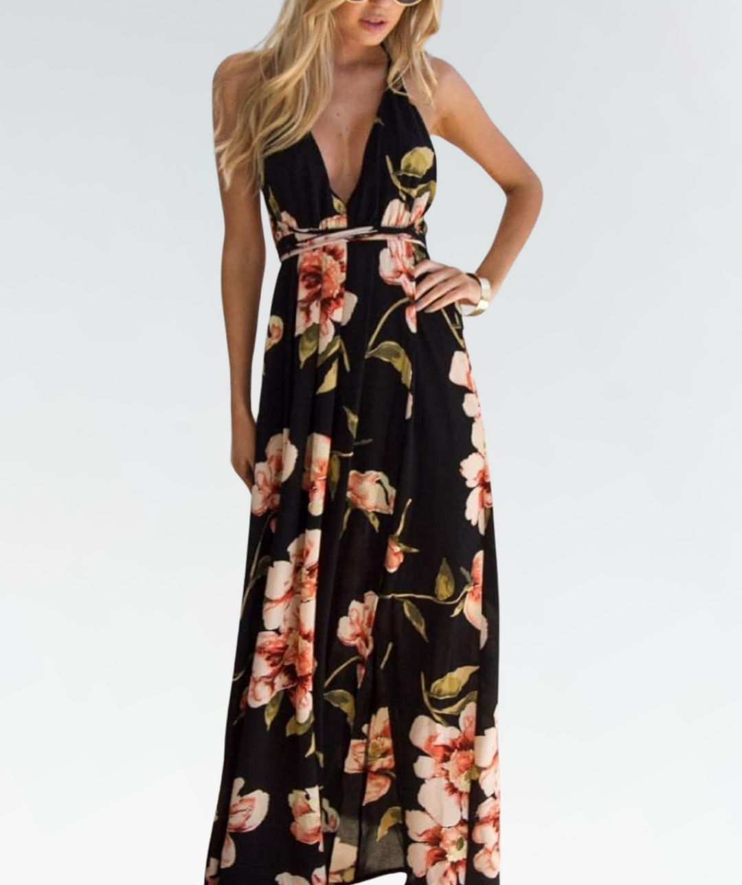 Women's black floral print summer maxi dress. Loose & flowy fit, perfect for casual wear or vacation.