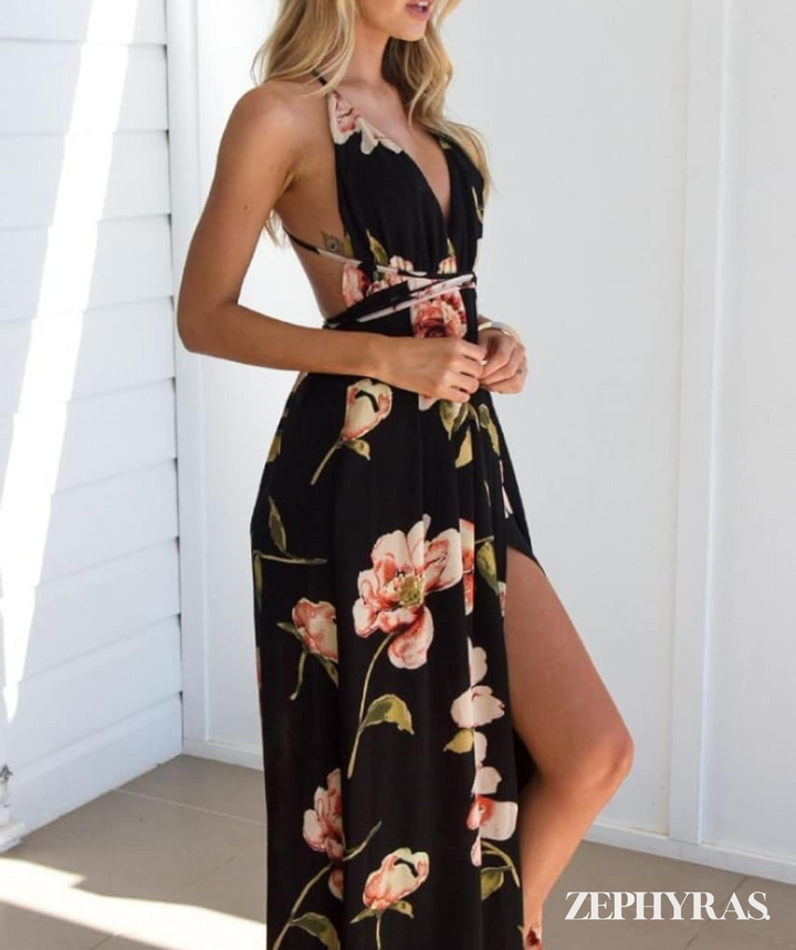 Elegant women's black floral print maxi dress with a flattering V-neck, ideal for summer parties or vacations.