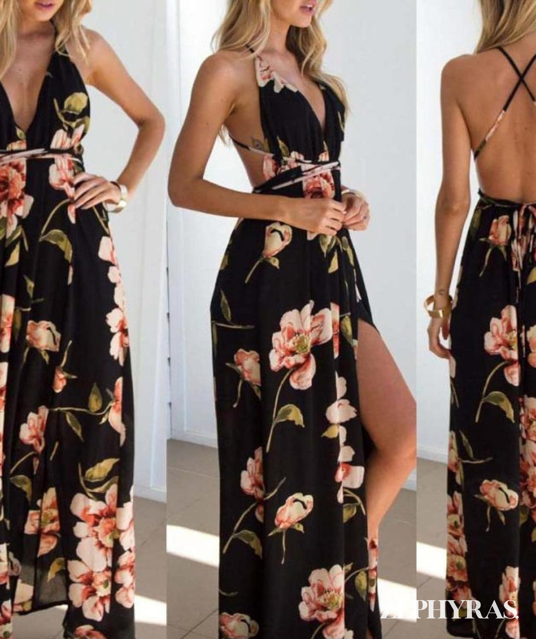 Stylish long black floral print summer maxi dress for women. Loose, flowy, and versatile for any occasion.