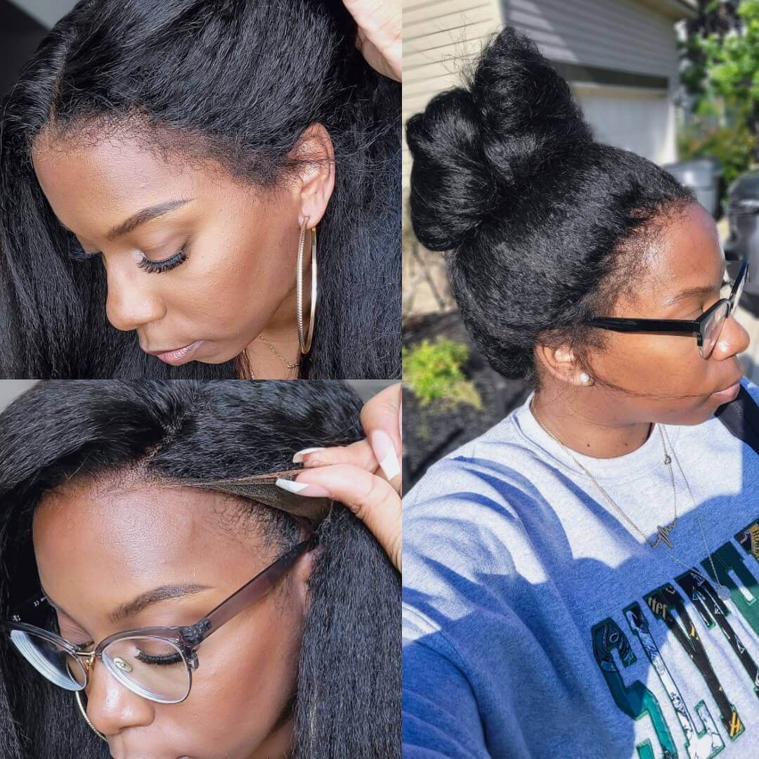Luxurious women's black HD lace wig with natural curly edges; virgin human hair offers a realistic appearance.
