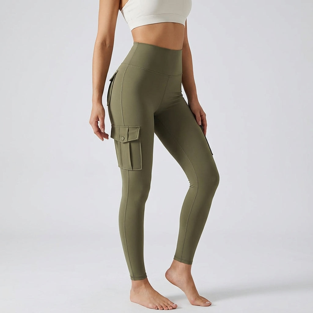 Women's black high-waisted cargo leggings with pockets, versatile for gym, yoga, and daily wear.