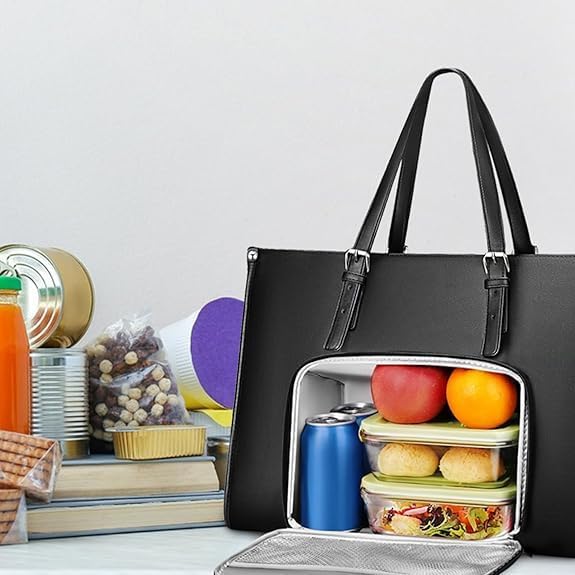 Women's black insulated lunch tote with laptop compartment, front view, for work or travel