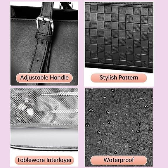 Close-up of women's insulated work bag, showing laptop pocket and durable waterproof fabric
