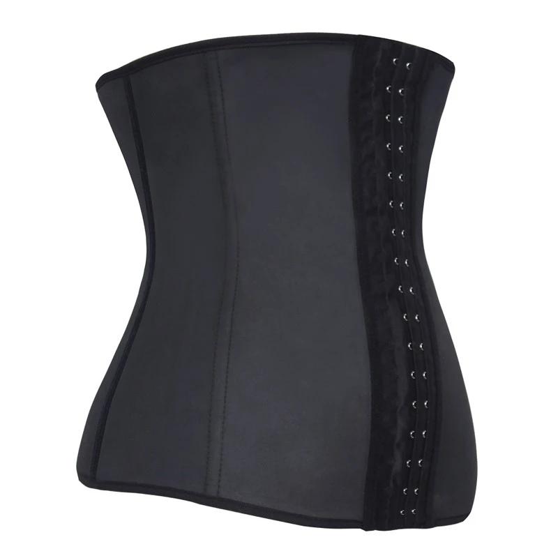 Side view of black latex waist trainer, showing flexible material for comfortable body shaping.