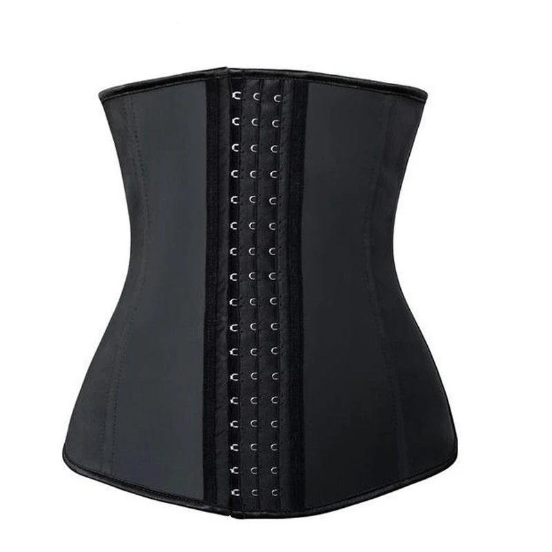 Model wearing women's latex waist trainer under clothing, demonstrating smooth hourglass silhouette.