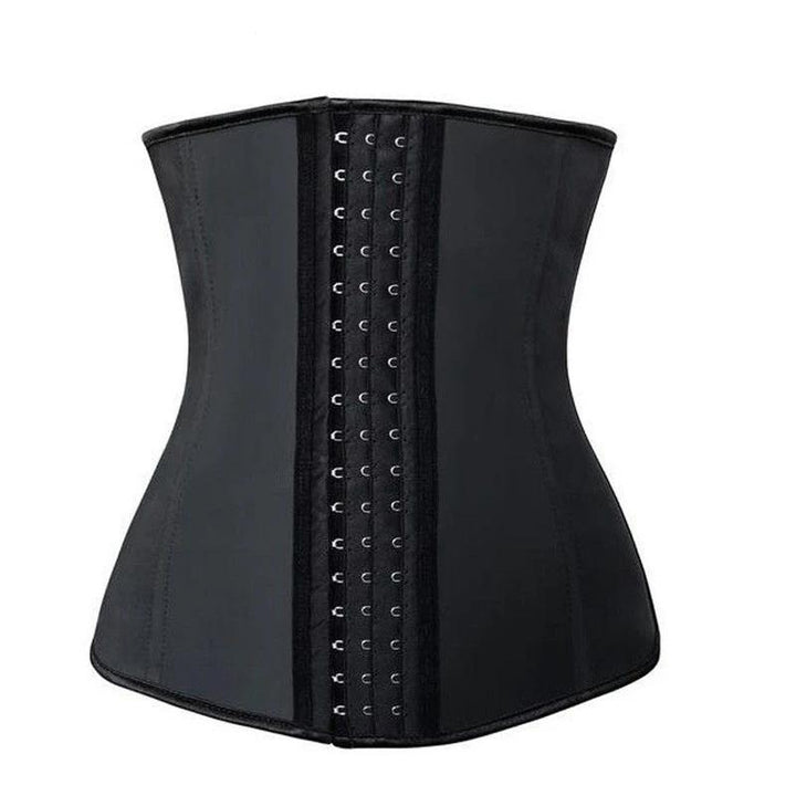 Model wearing women's latex waist trainer under clothing, demonstrating smooth hourglass silhouette.