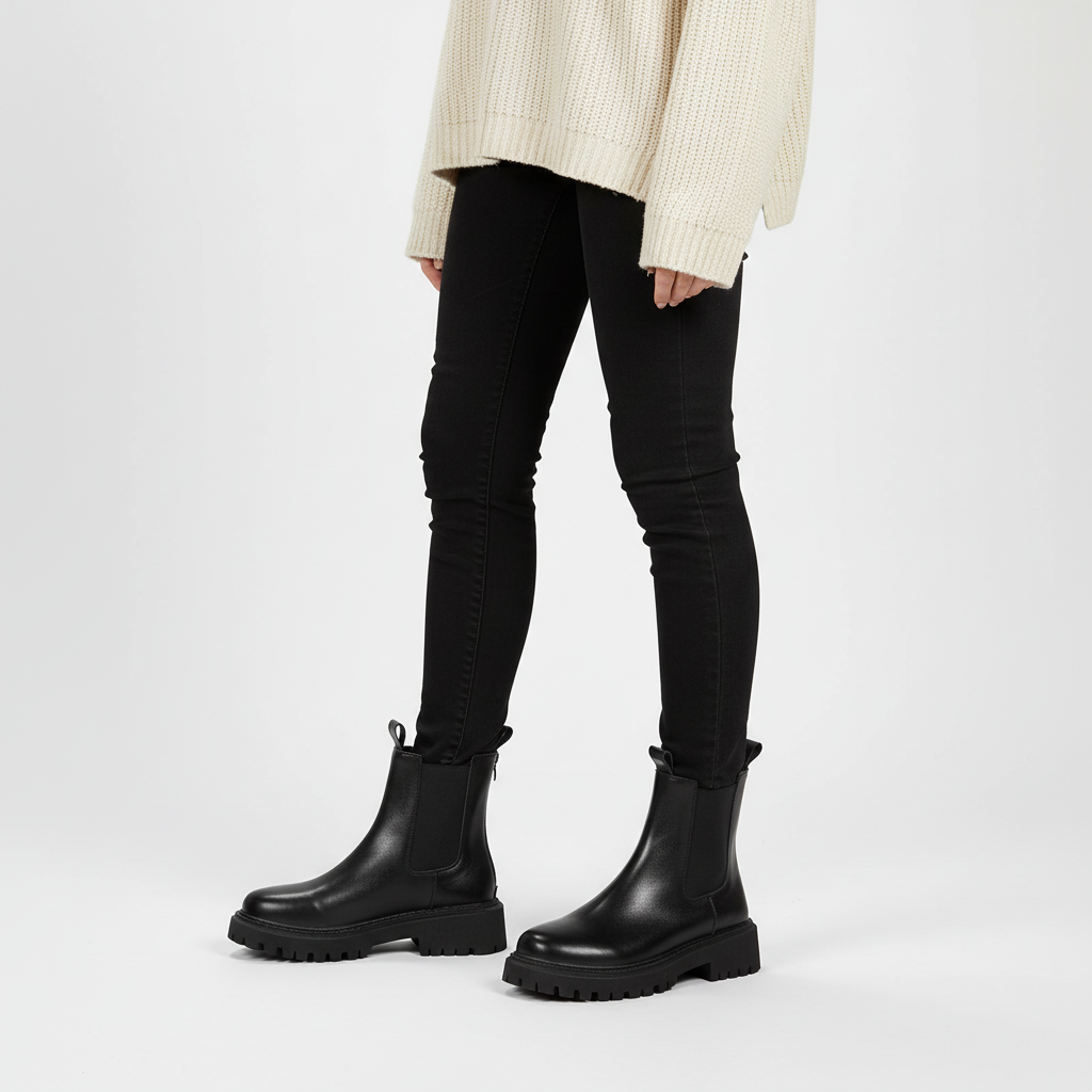 Fashionable black women's Chelsea boots with a round toe and convenient back zipper closure.