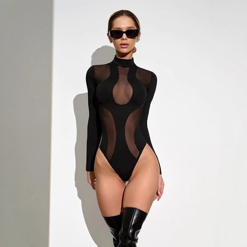 Women's black long sleeve cut-out mesh bodysuit, a chic and trendy statement piece for parties & clubwear.
