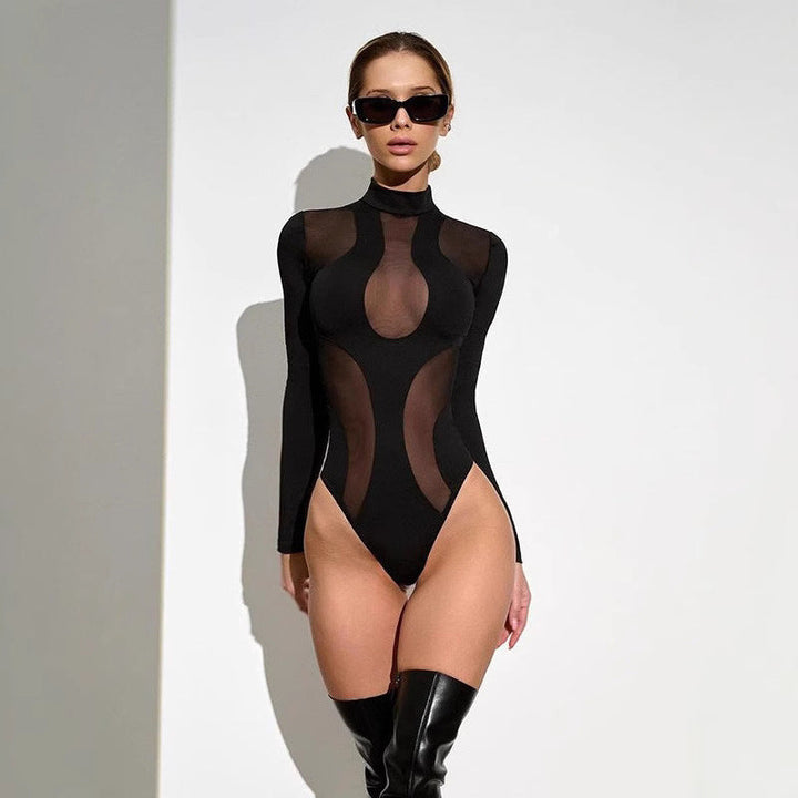 Women's black long sleeve cut-out mesh bodysuit, a chic and trendy statement piece for parties & clubwear.