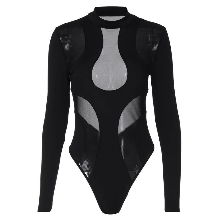 Bold women's black long sleeve bodysuit with intricate cut-outs, elegant mesh details, and a high neck design.