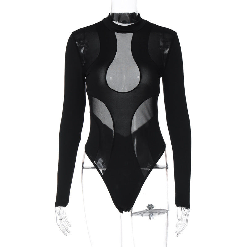Stylish women's long sleeve black bodysuit with daring cut-outs and mesh panels, perfect for a night out.