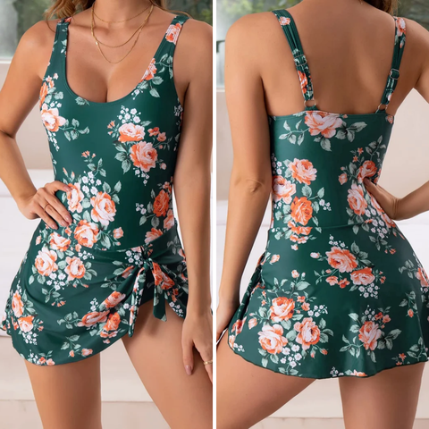 Women's black push-up skirted swimsuit with body-shaping effect for elegant beach and pool wear.