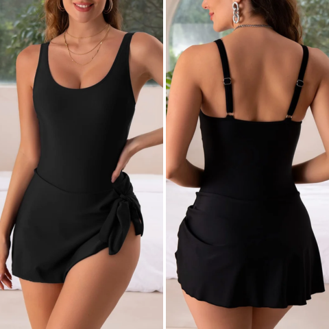 Blue floral push-up skirted swimsuit for women, offering modest coverage & body shaping for summer vacation.