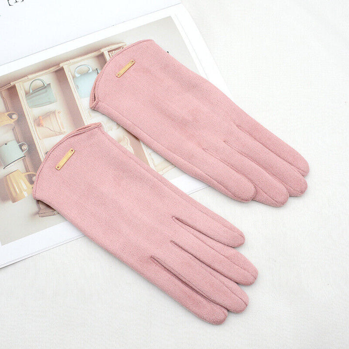 Elegant women's purple suede touchscreen gloves with cozy cashmere interior for cold weather