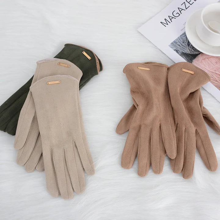 Navy blue suede women's gloves, practical touchscreen an cozy cashmere for winter fashion