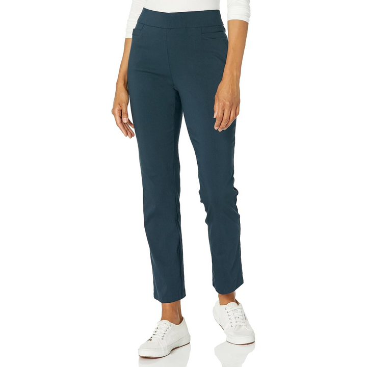 Black stretch trousers for women with functional welt pockets, versatile for office and formal wear.
