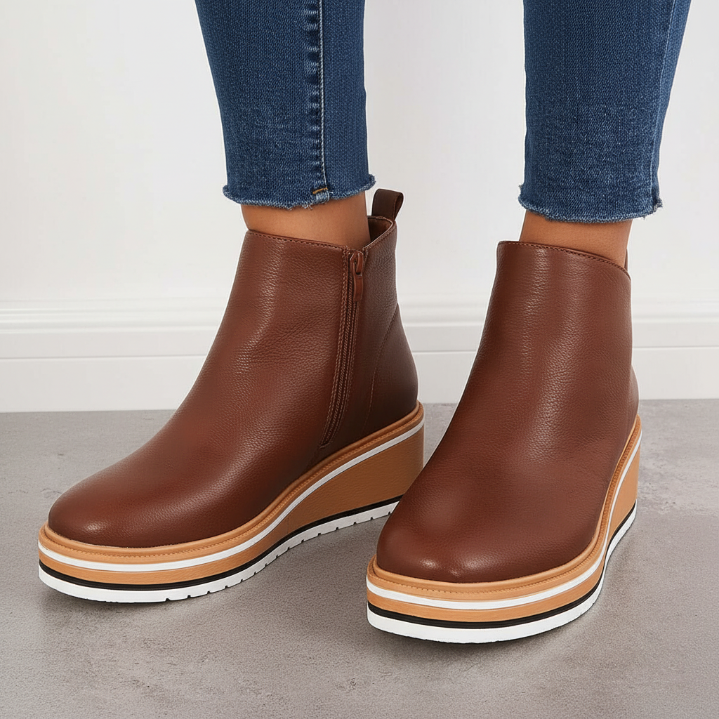 Pair of women's vegan leather platform ankle boots, a must-have for autumn fashion and comfortable winter shoes