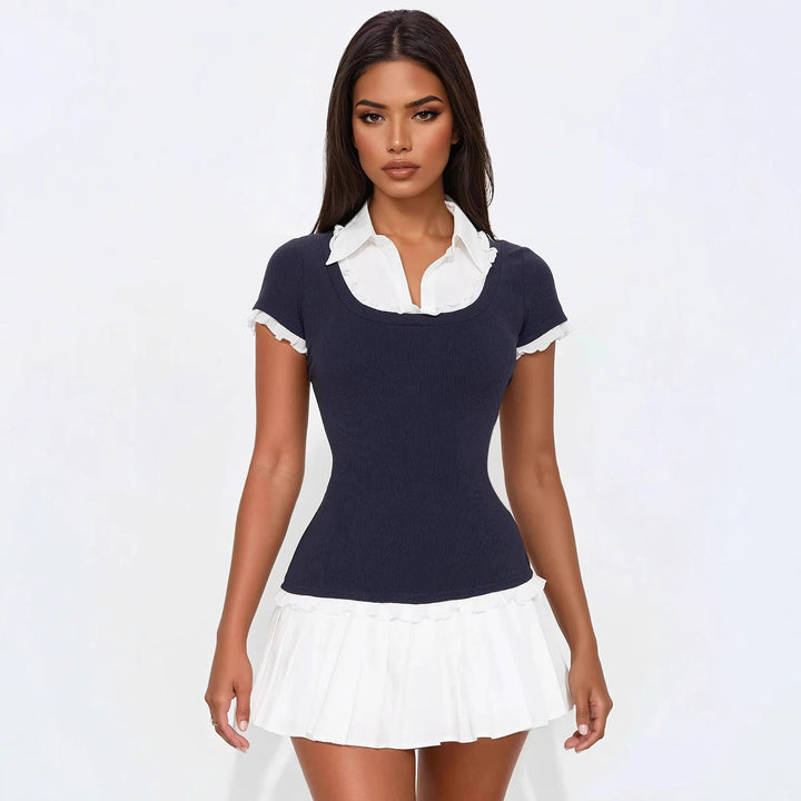 Women's blue ruffle mini dress with short sleeves, flattering fitted style for trendy summer casual wear.