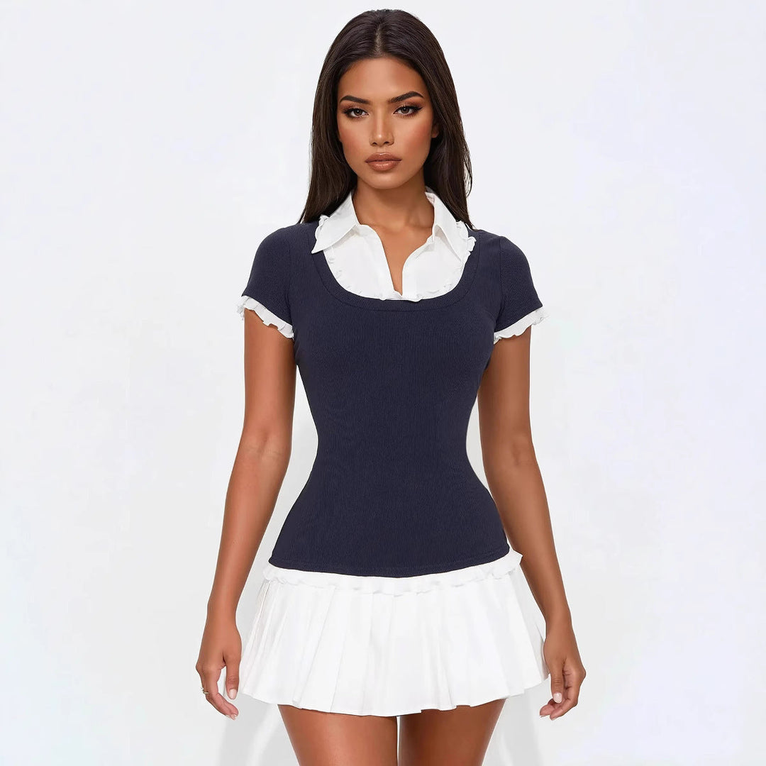 Casual women's day dress: blue mini with ruffles, short sleeves, and a comfortable, flattering fitted style.