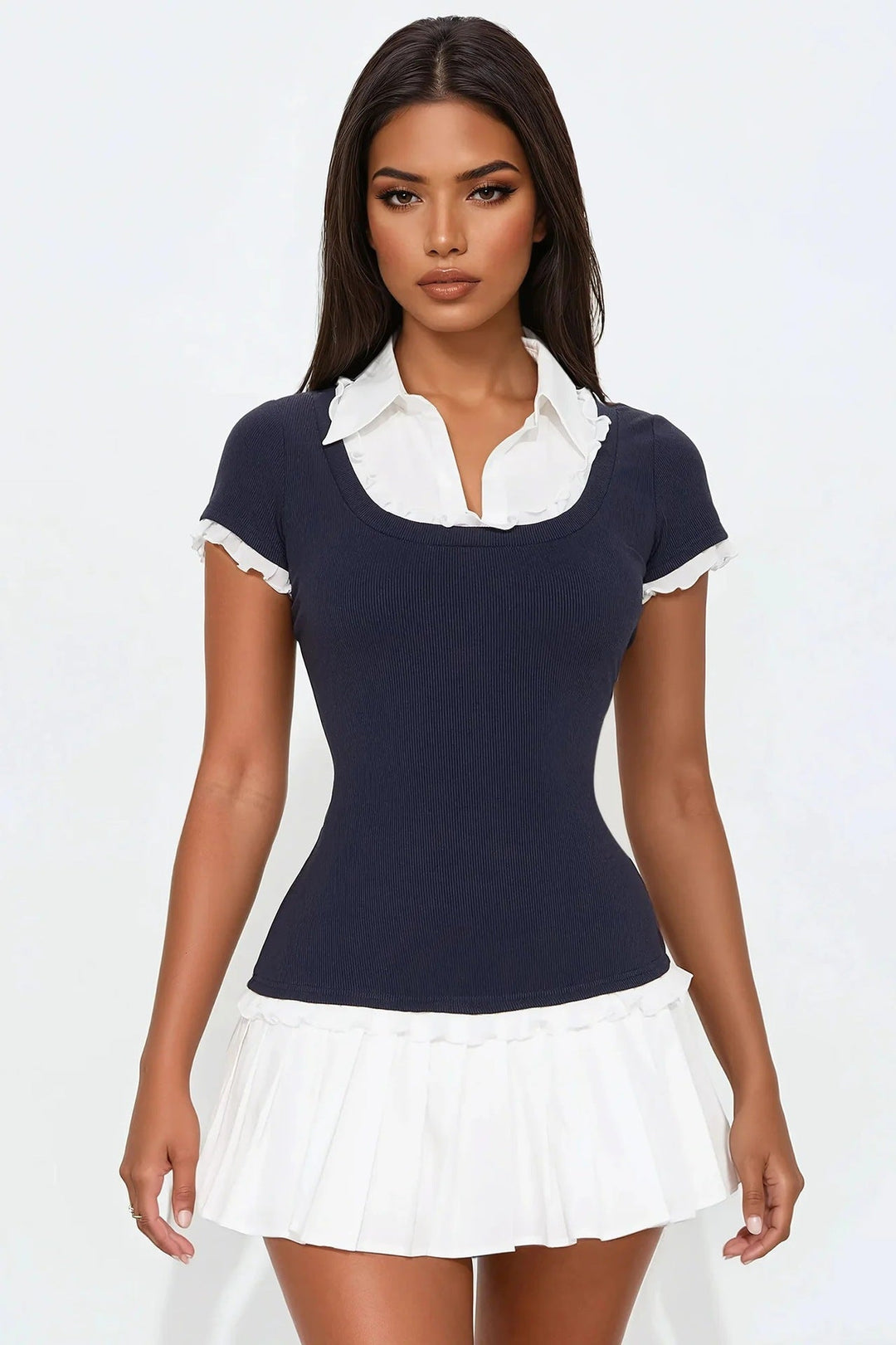 Women's short sleeve ruffle mini dress in blue, featuring a flattering fitted design for summer style.