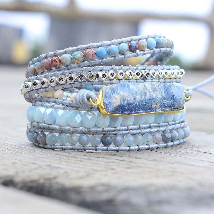 Aurina Blue Topaz and Jasper wrap bracelet for women, layered healing gemstone boho jewelry