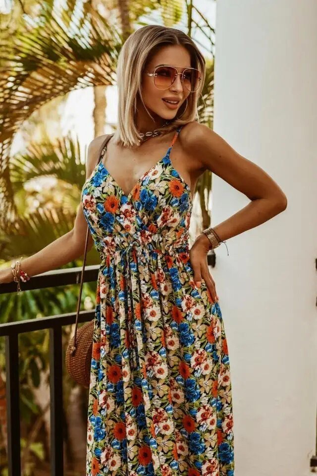 Women's polyester floral print maxi dress, easy-care summer and vacation outfit