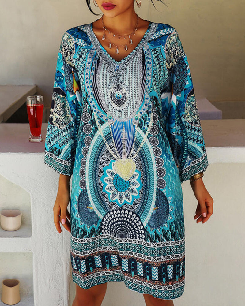 Bohemian printed long sleeve summer dress for women. Loose, flowy fit, great for casual outings or beach days.