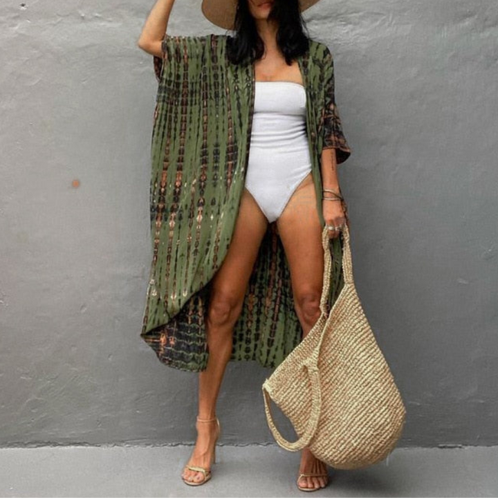 Striped women's boho beach cover-up blouse with kimono sleeves, ideal for pool or vacation wear.
