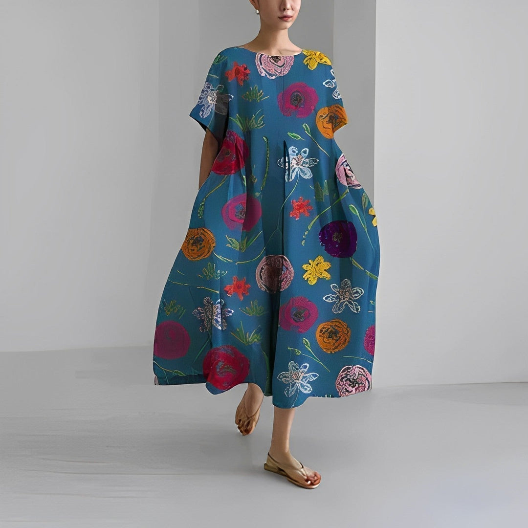 Elegant flowy floral maxi dress for women. Bohemian style, comfortable casual wear for sunny days.