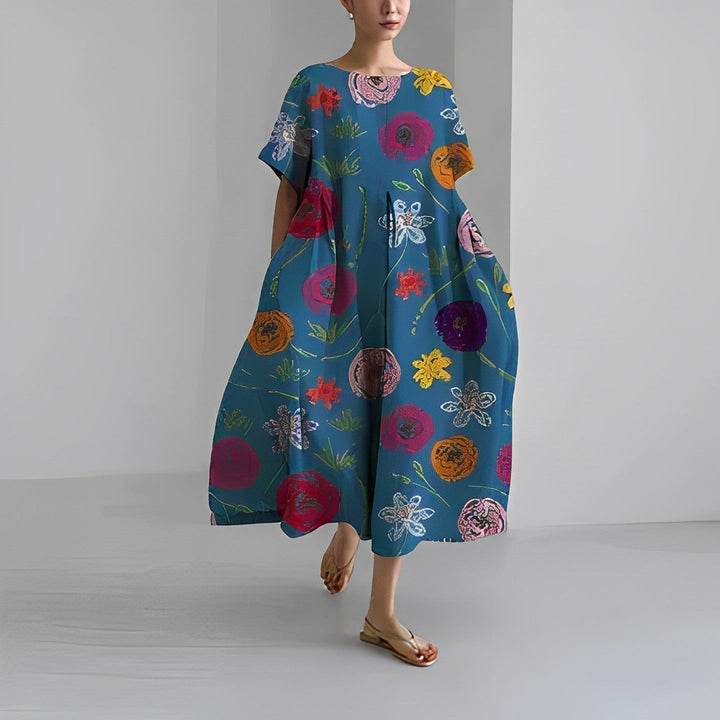 Elegant flowy floral maxi dress for women. Bohemian style, comfortable casual wear for sunny days.
