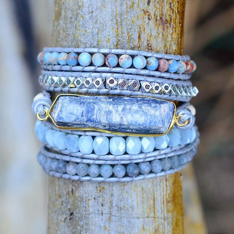 Women's boho healing blue topaz & imperial jasper wrap bracelet, bohemian style jewelry