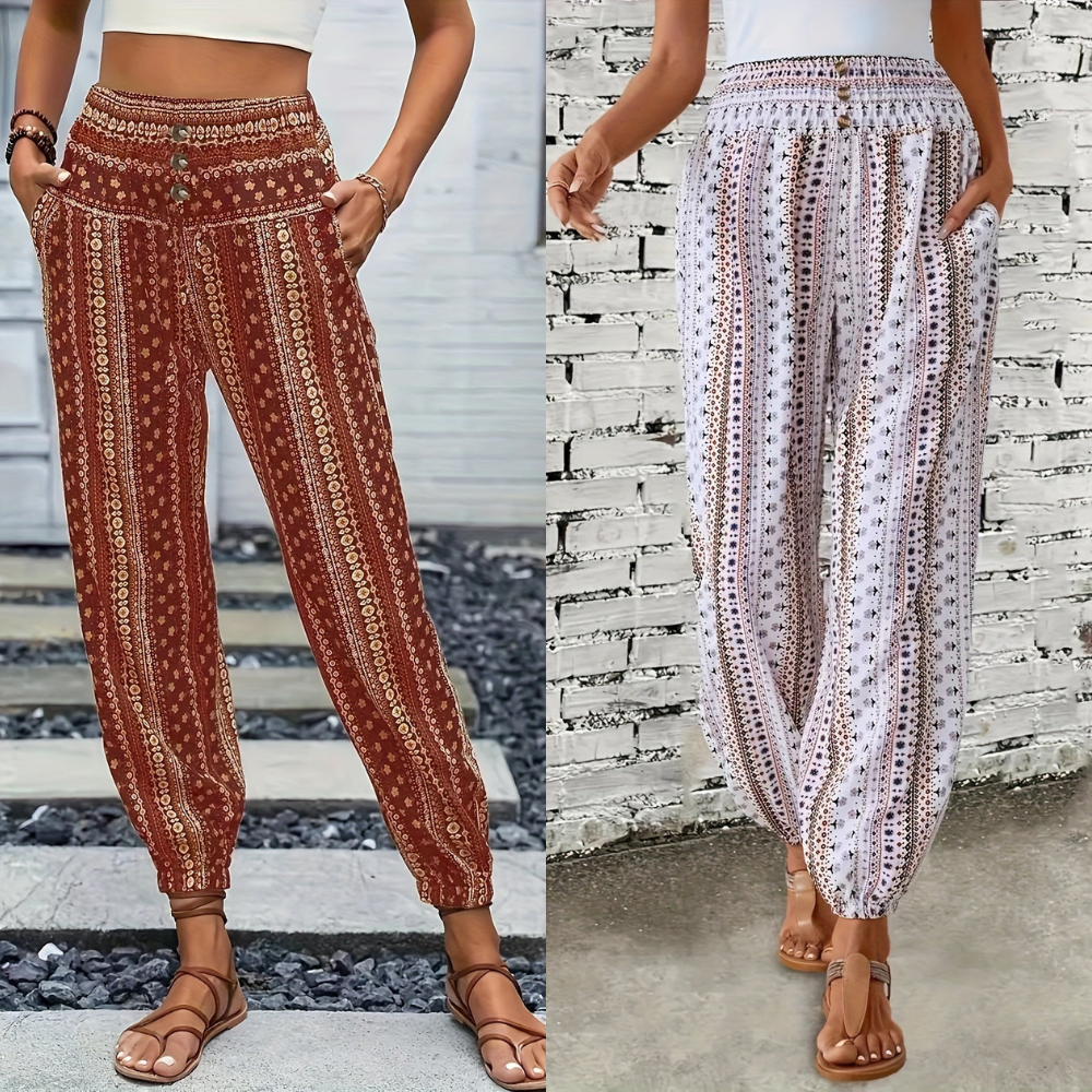 Boho high-waist trousers for women, featuring a detailed print & elastic smocked waist for comfort.