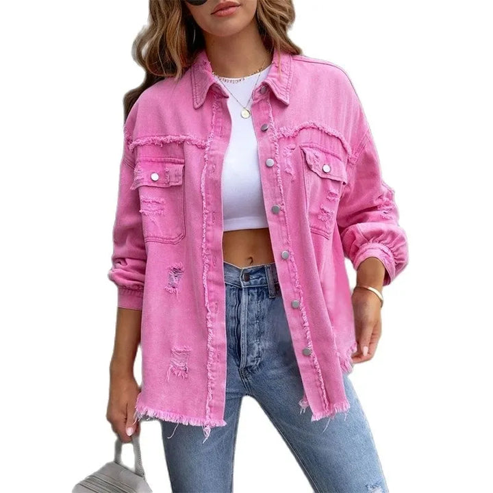 Women's Boho slim fit denim jacket for spring/summer, perfect for casual or festival wear with an Ibiza flair.