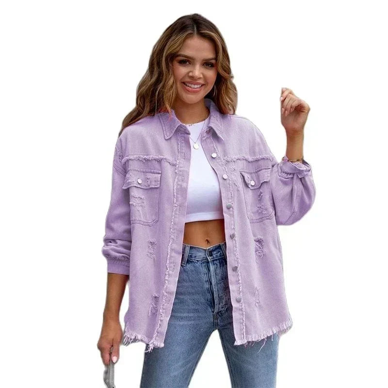 Boho women's denim jacket with Ibiza flair, a slim fit outerwear piece perfect for spring festivals & summer outfits.