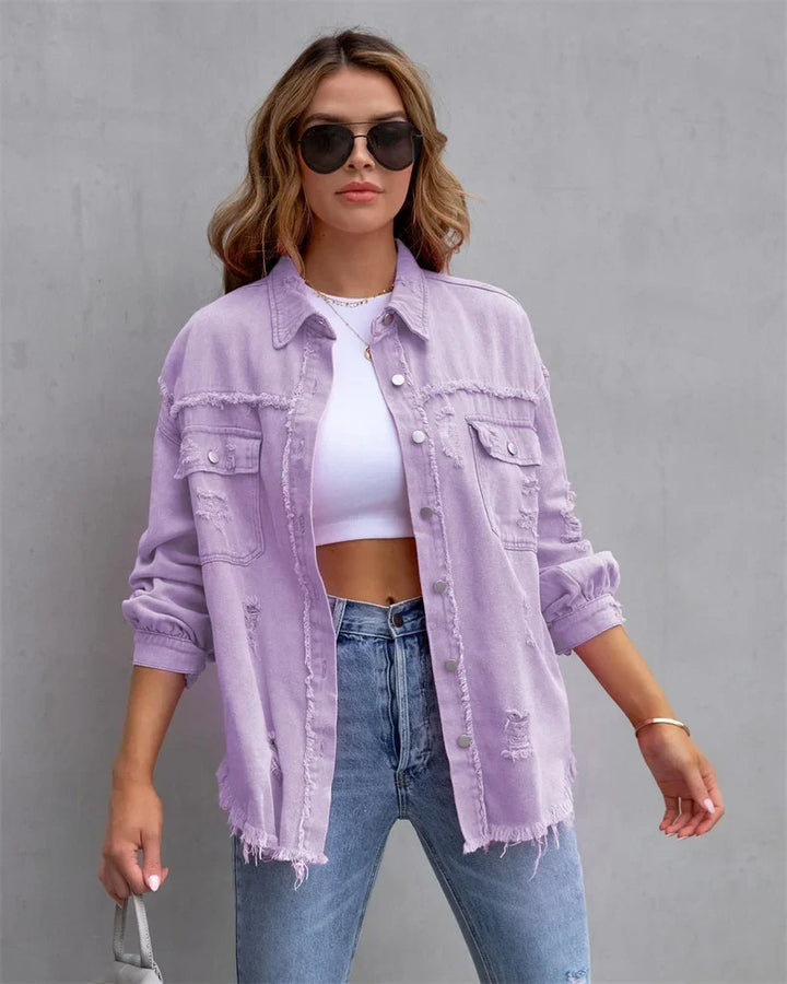 Women's boho denim jacket, slim fit, ideal for spring/summer. Features unique details reflecting Ibiza festival fashion.