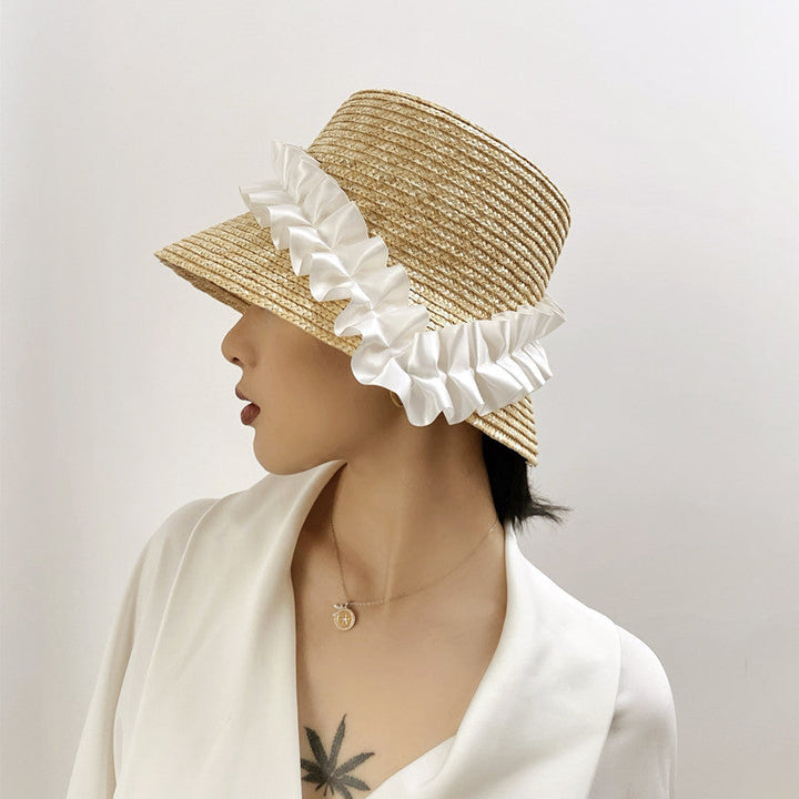 Women's braided straw summer hat with khaki stripes, perfect for sun protection and fashion.