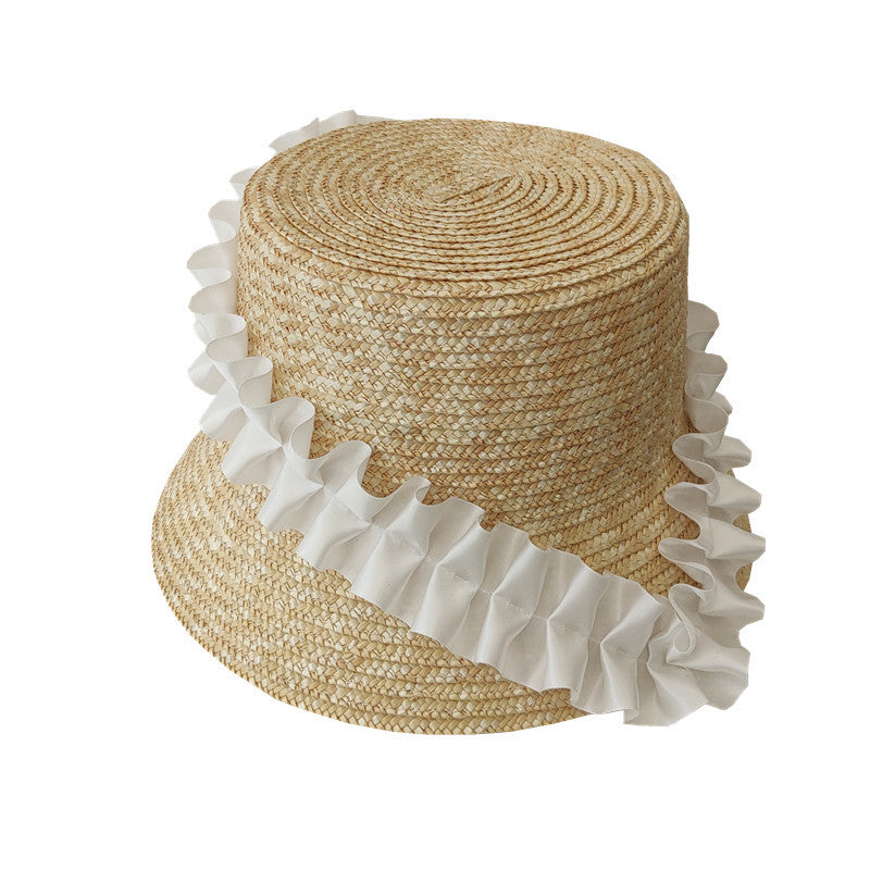 Khaki striped braided straw sun hat for women, a trendy and protective summer fashion accessory.