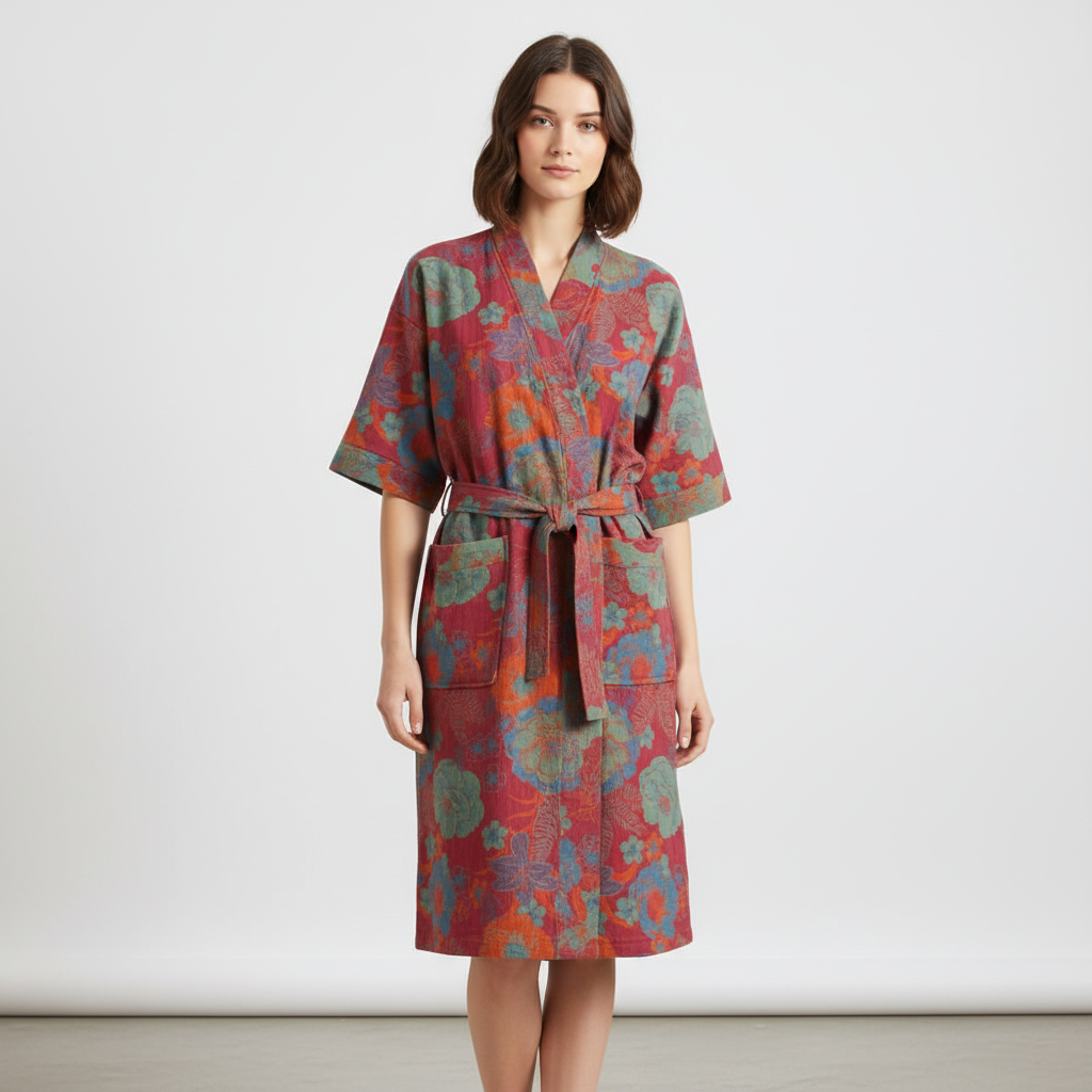 Vintage floral cotton women's bathrobe, 'Charlotte' style, ideal for breathable loungewear