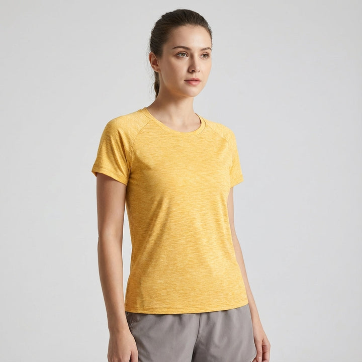 Detail of stitching on women's breathable sport shirt, short sleeve workout gear