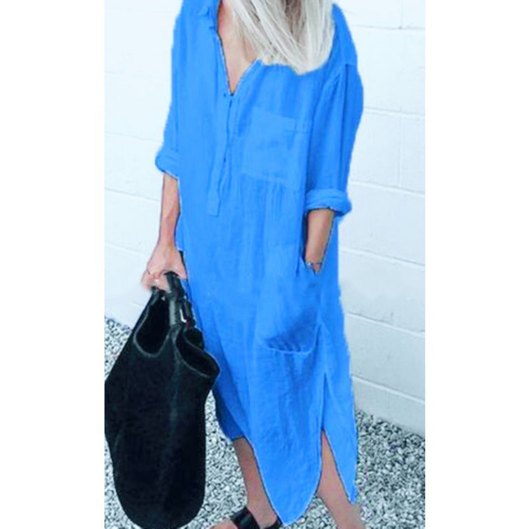 Flowy, comfortable women's long summer dress with breezy style, versatile for day-to-night fashion.